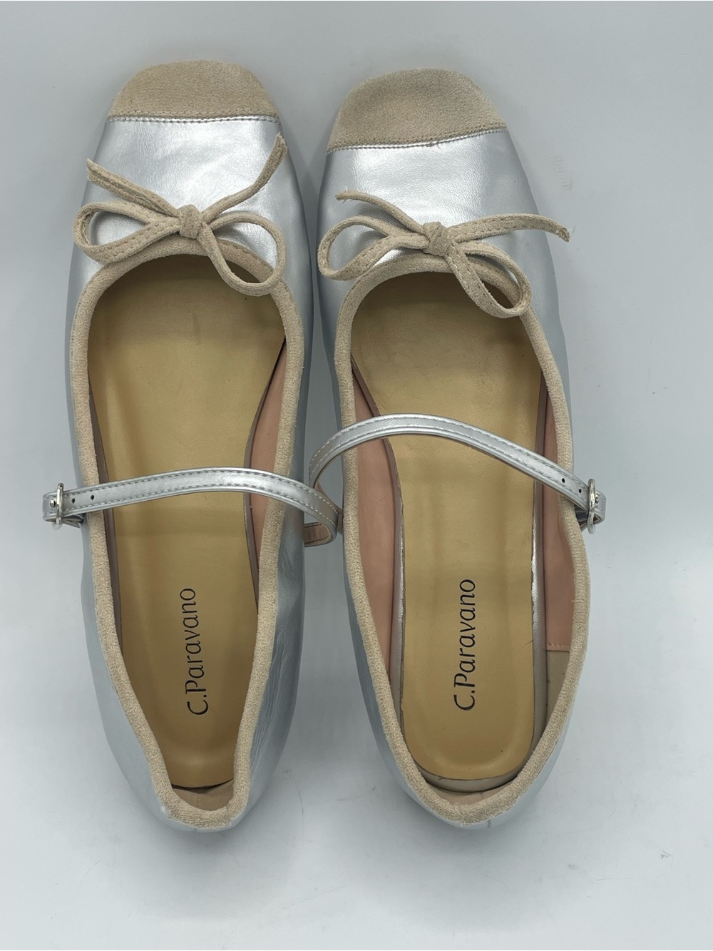 C. Paravano Clara Silver Mary Jane Ballet Flats with Beige Suede Trim and Bow. - Picture 8 of 11